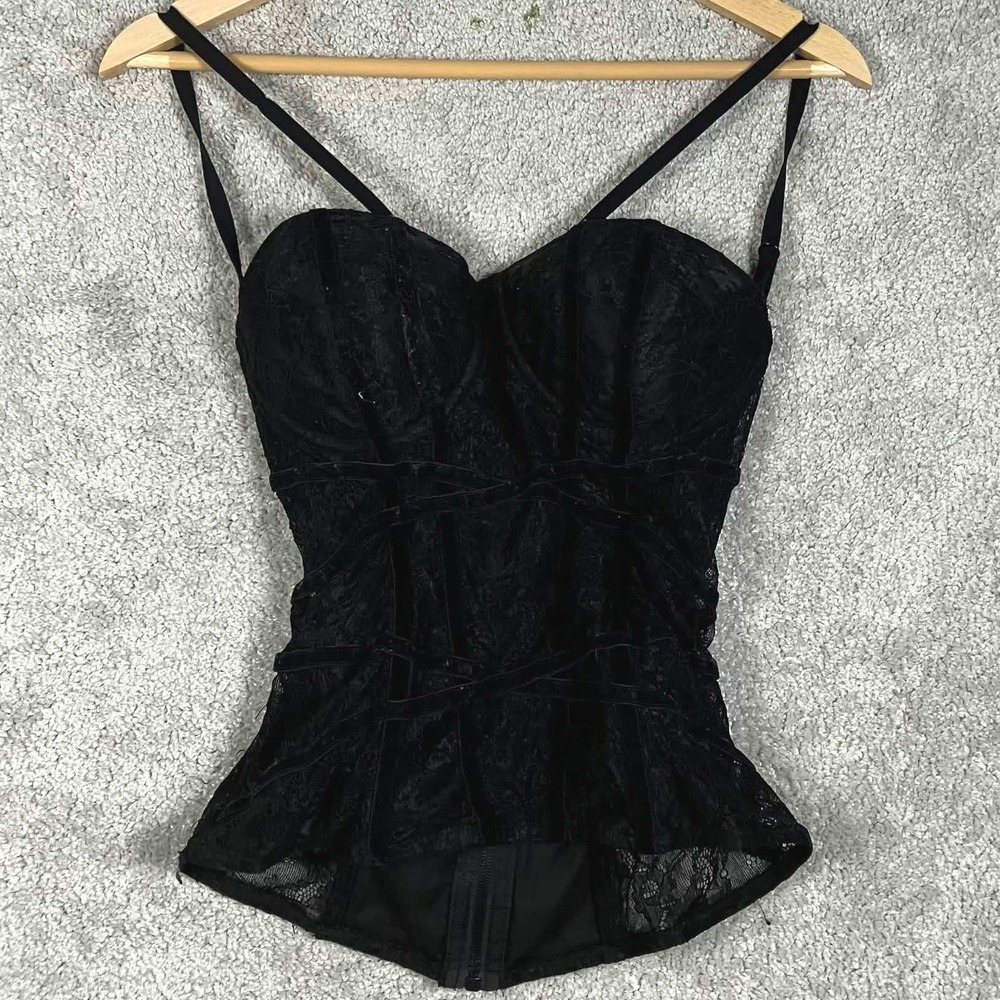 Y2K Black Lace Corset Top Trim Strappy Bustier Zip Back Sleeveless Cami GOTH!!!!